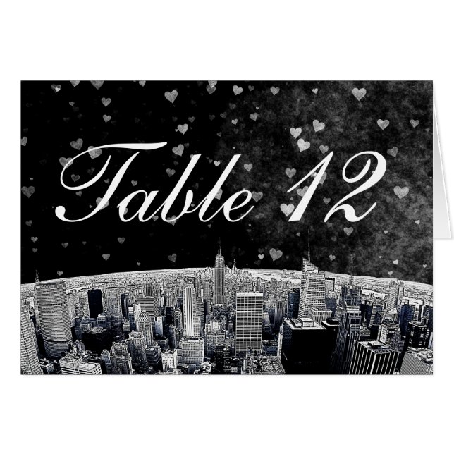 Etched NYC Skyline #2 Black Wht Heart-Bordsnummer Hälsningskort (Framsidan Horizontal)