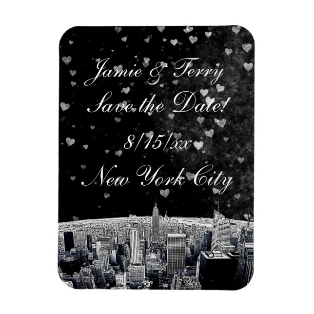 Etched NYC Skyline #2 Black Wt Heart Spara datumet Magnet (Vertikal)