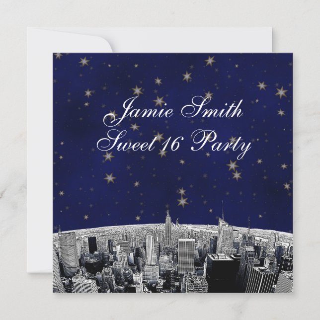 Etched NYC Skyline 2 Blue Guld Star Sweet 16 Party Inbjudningar (Framsida)