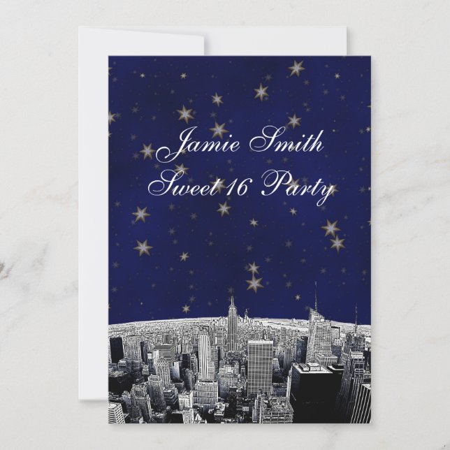 Etched NYC Skyline 2 Blue Guld Star Sweet 16 V Inbjudningar (Framsida)