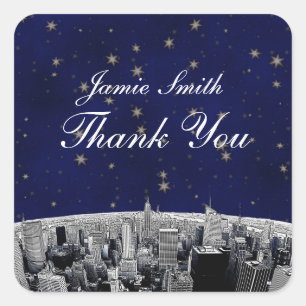 Etched NYC Skyline 2 Blue Guld Star Tack Fyrkantigt Klistermärke