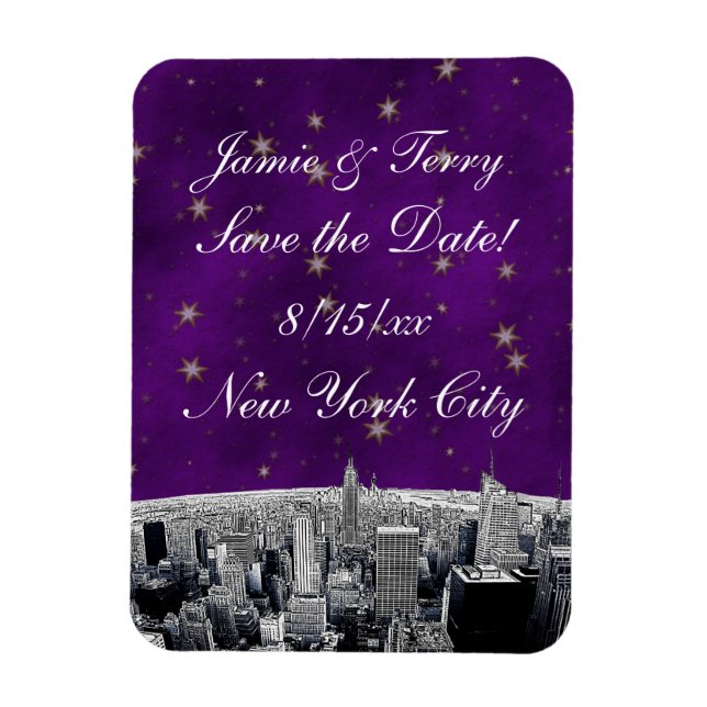 Etched NYC Skyline 2 Lila Guld Star Spara Datum fö Magnet (Vertikal)