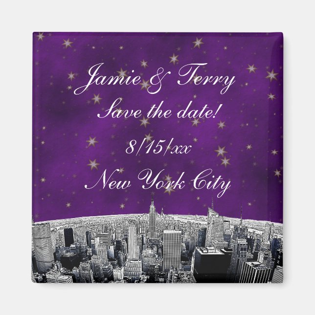 Etched NYC Skyline 2 Lila Guld Star Spara Datum fö Magnet (Framsidan)