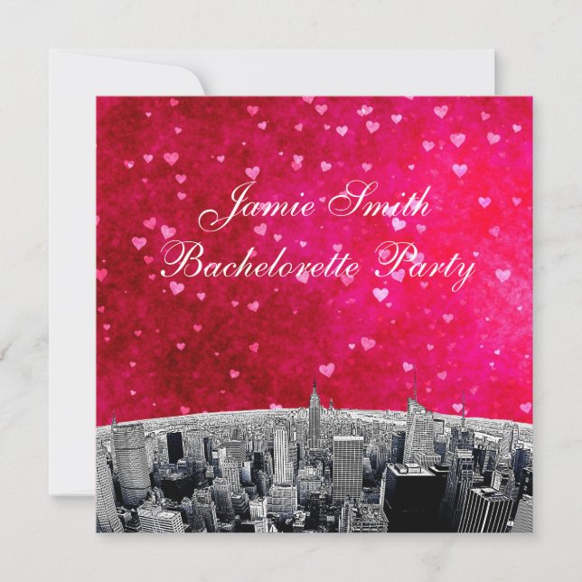 Etched NYC Skyline #2 Rosa Red Heart Bachelorette Inbjudningar (Framsida)