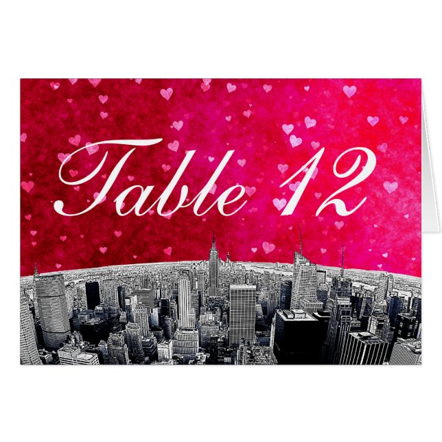 Etched NYC Skyline #2 Rosa Red Heart Bordsnummer Hälsningskort (Framsidan Horizontal)