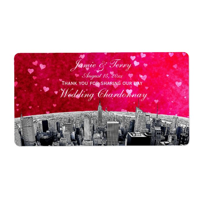 Etched NYC Skyline #2 Rosa Red Heart H Vin-etikett Fraktsedel (Framsidan)