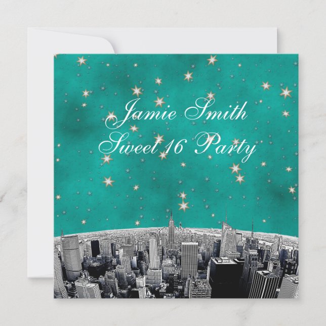Etched NYC Skyline 2 Teal Guld Star Sweet 16 Inbjudningar (Framsida)