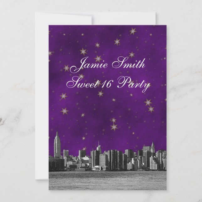 Etched NYC Skyline #3 Lila Guld Star Sweet 16 V Inbjudningar (Framsida)
