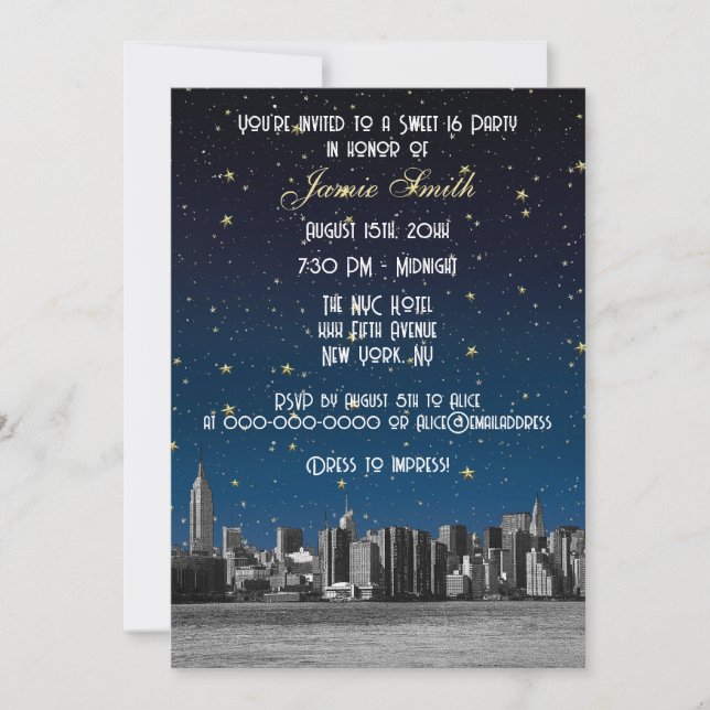 Etched NYC Skyline #3 Starry Blu Sunset Sweet 16 V Inbjudningar (Framsida)