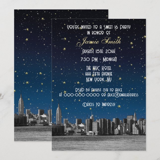 Etched NYC Skyline #3 Starry Blu Sunset Sweet 16 V Inbjudningar (Fram/baksida)