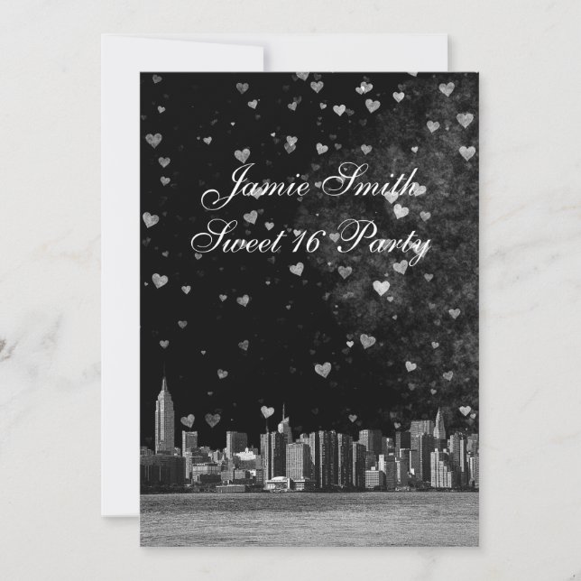 Etched NYC Skyline Black BG White Heart Sweet 16 V Inbjudningar (Framsida)