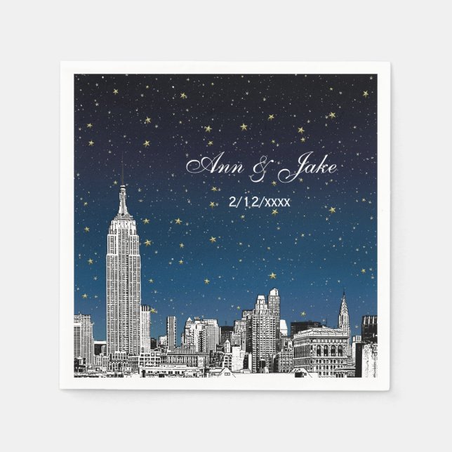 Etched NYC Skyline Blue Starry Bröllop Pappersservett (Framsidan)