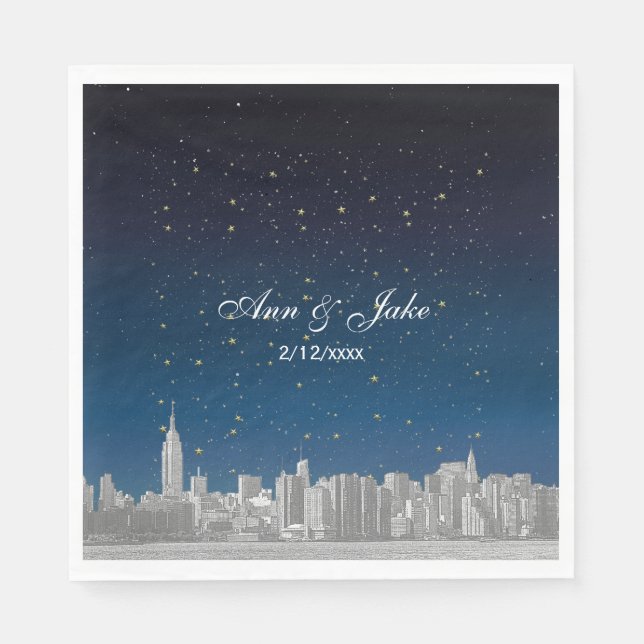 Etched NYC Skyline Blue Starry Bröllop Pappersservett (Framsidan)