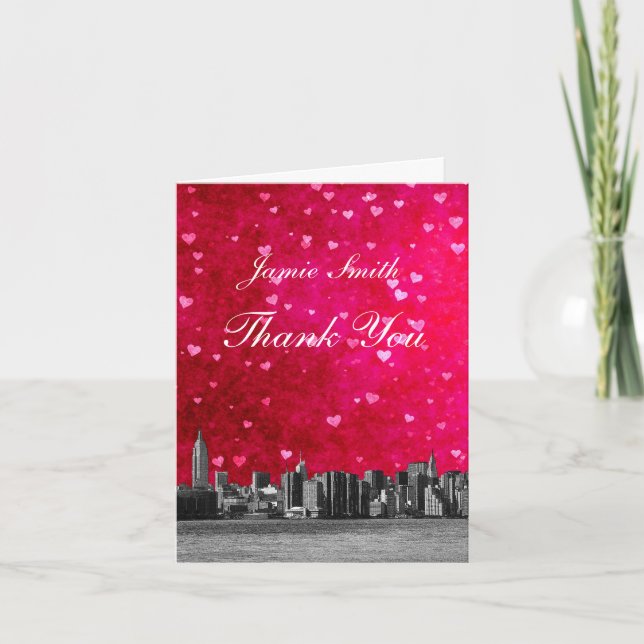 Etched NYC Skyline Shock rosa Red Heart Tack Kort (Framsida)