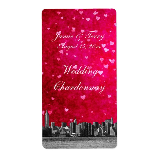 Etched NYC Skyline Shock rosa Red Heart Vin-etiket Fraktsedel (Framsidan)