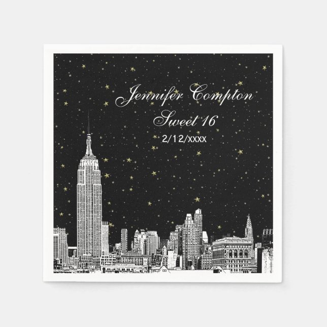 Etched NYC Skyline Starry DIY BG Sweet 16 Pappersservett (Framsidan)