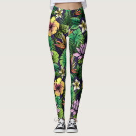 Etched Tropical Flower Mönster Gult Rosa Black Leggings