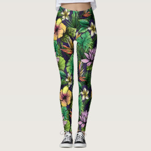 Etched Tropical Flower Mönster Gult Rosa Black Leggings