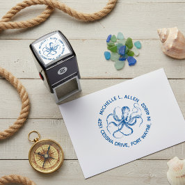 Etched Vintage Octopus Round Return Address Stamp Självfärgande Stämpel