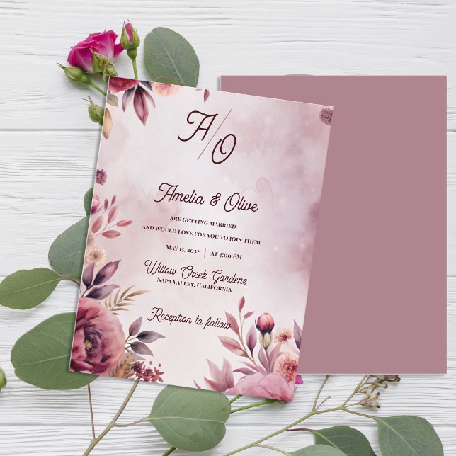 Eterisk Mauve Romantiskt Lyxigt Bröllopsinbjudan Vykort (Ethereal Mauve Fine Art Floral Wedding Invitation | Romantic Luxury Blush Wedding Invitation)