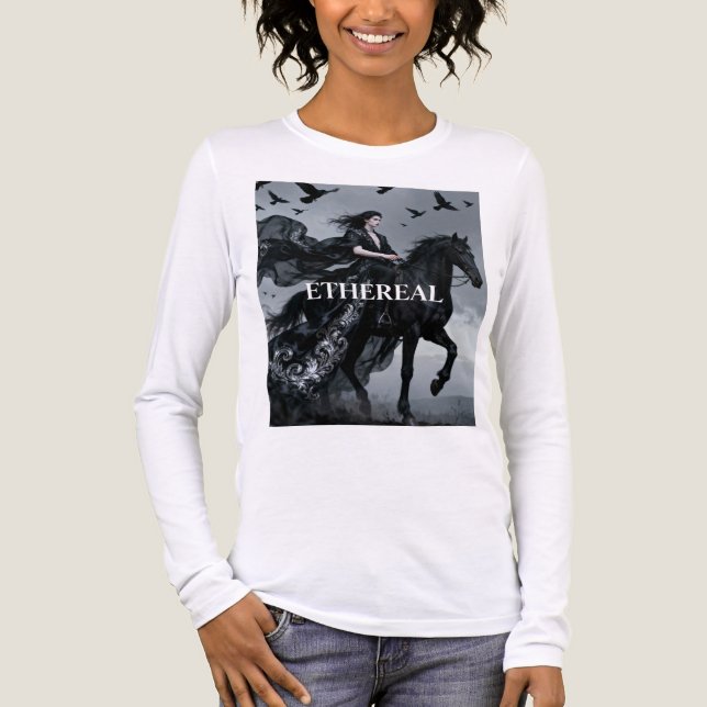 Eterisk Mörk Ryttare Häst Ryttare Långärmad Fantas T Shirt (Framsida)