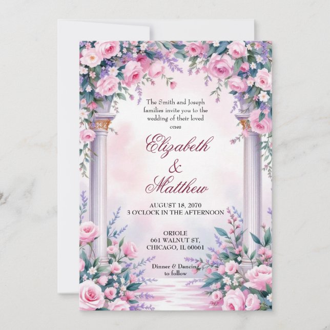 Eterisk rosa ros kolumn bröllopsinbjudan inbjudningar (Framsida)