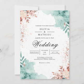 Eterisk Teal & Blush Flourish Bröllop Inbjudningar