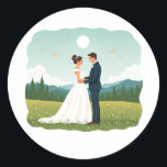 Eternal Love Wedding Sticker  Runt Klistermärke<br><div class="desc">Adorable illustration of a bride and groom under the moonlit sky,  perfect for weddings and romantic gifts.</div>