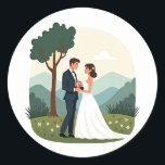 Eternal Love Wedding Stickers Runt Klistermärke<br><div class="desc">Adorable illustration of a bride and groom exchanging a bouquet,  set against serene hills and a tree,  perfect for wedding-themed decor and gifts.</div>