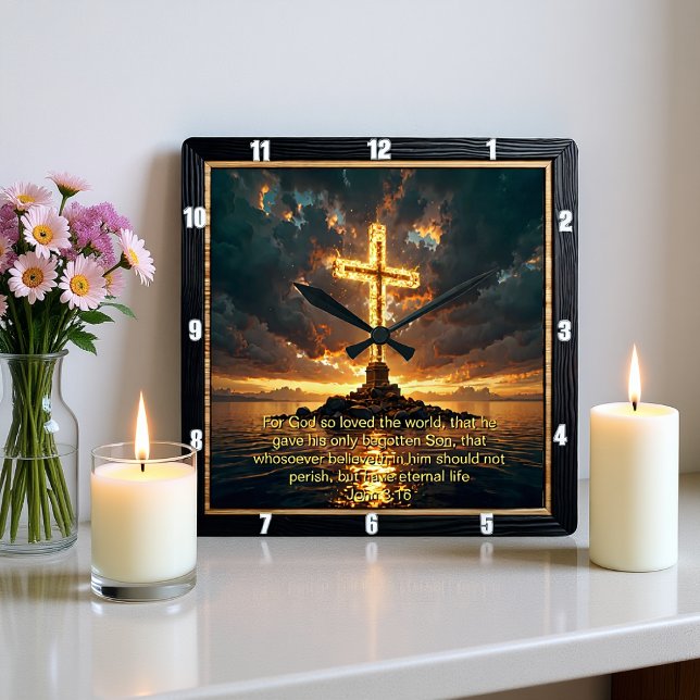 Eternal Promise The Cross John Full John 3:16  Fyrkantig Klocka (Skapare uppladdad)