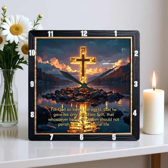 Eternal Promise The Cross Water Shore John 3:16  Fyrkantig Klocka (Skapare uppladdad)