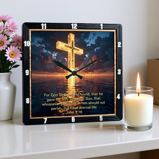 Eternal Promise The Cross Water Sunset John 3:16  Fyrkantig Klocka (Skapare uppladdad)