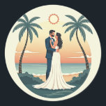 Eternal Romance Wedding Sticker Runt Klistermärke<br><div class="desc">Capturing the perfect moment of a couple embracing at a stunning sunset beach,  perfect for wedding and anniversary decor.</div>