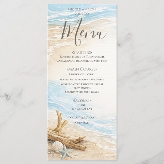 Eterntal Tides Coastal Watercolor Beach Wedding Meny (Framsida)