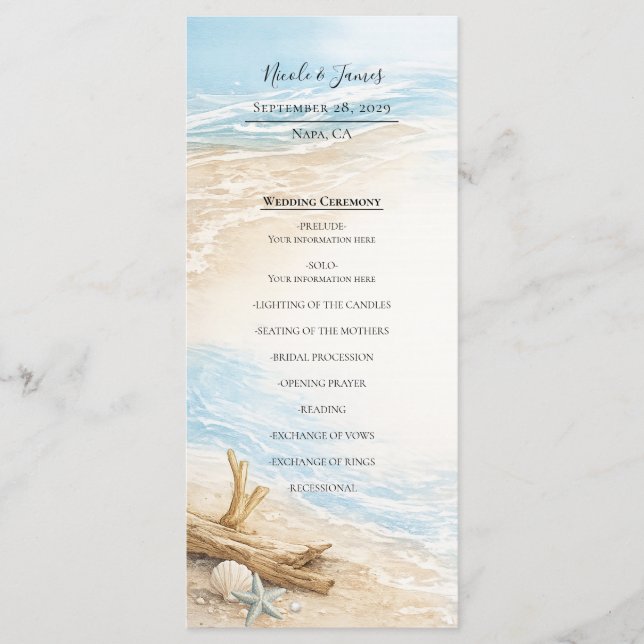 Eterntal Tides Coastal Watercolor Beach Wedding Meny (Framsida)
