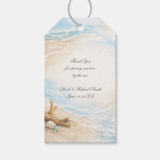 Eterntal Tides Coastal Watercolor Beach Wedding Presentetikett (Framsidan)