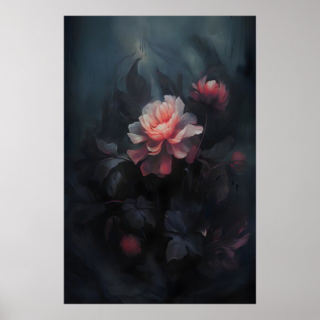 Eterska blommor Mörk botanisk konst, Mörkt Poster (Framsidan)