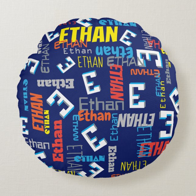 Ethan custom name pixel E Gamla blå grafik Rund Kudde (Framsidan)