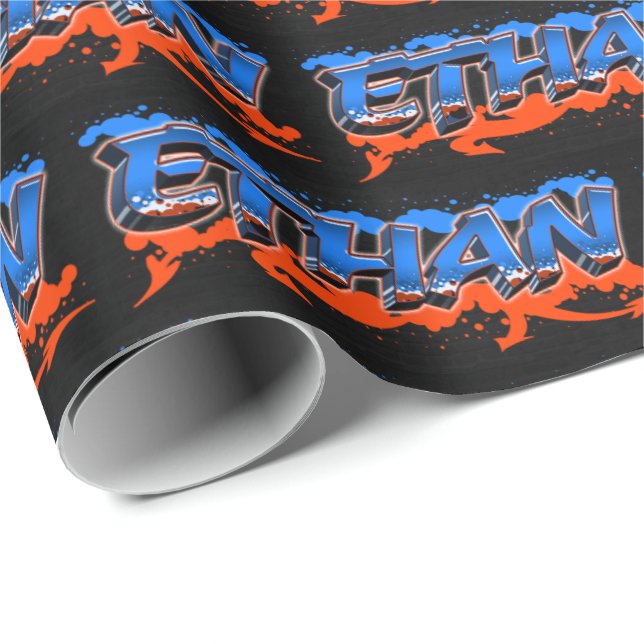 Ethan Vorname Name Graffiti blue orange Presentpapper (Rullad Hörn)