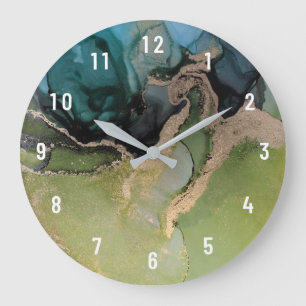 Etheral Abstrakt Teal Black Grönt Guld Stor Klocka