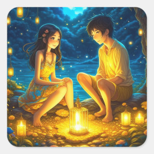 Etheral Anime Boy and Girl och Golden Lanternes Fyrkantigt Klistermärke