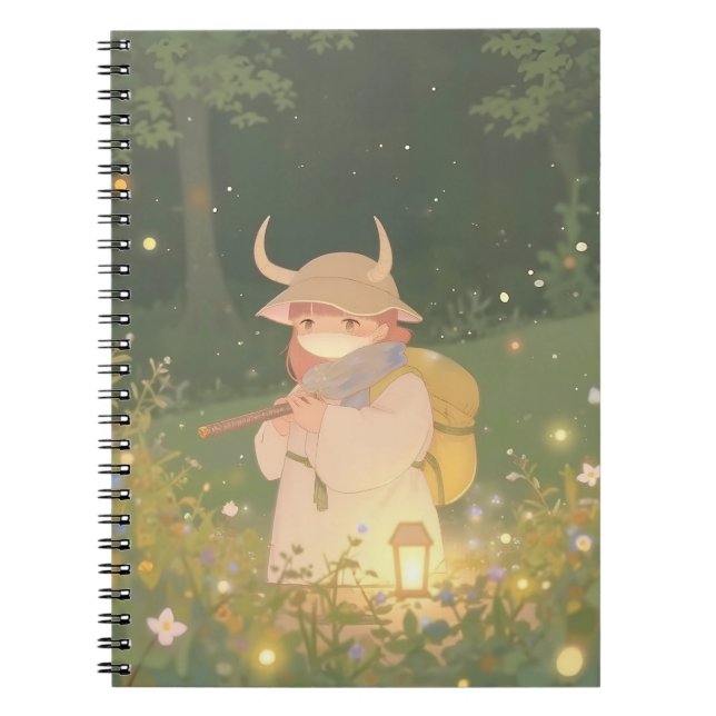 Etheral Anime Girl with Horns in Whimsical Meadow Anteckningsbok (Framsidan)