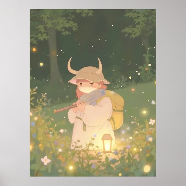 Etheral Anime Girl with Horns in Whimsical Meadow Poster (Framsidan)