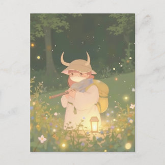 Etheral Anime Girl with Horns in Whimsical Meadow Vykort