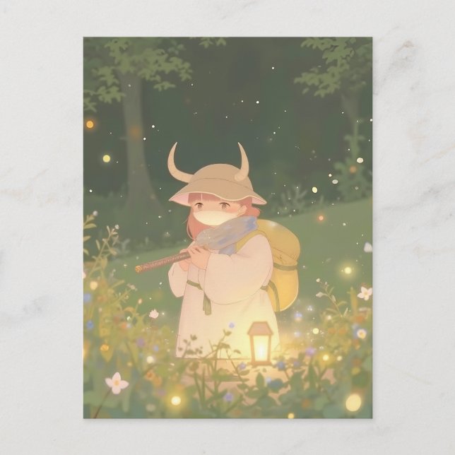 Etheral Anime Girl with Horns in Whimsical Meadow Vykort (Framsida)