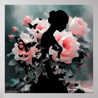 Etheral Art Ballerina & Butterflies Black/Rosa Poster