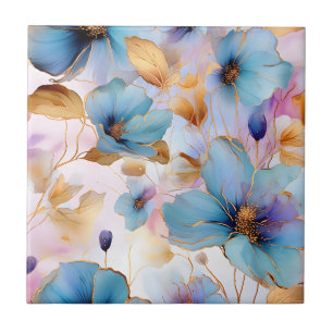 Etheral Blåa blommor i soft Pastels Alcohol Bläck Kakelplatta