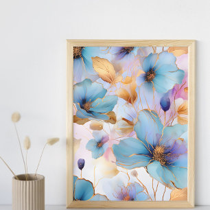 Etheral Blåa blommor i soft Pastels Alcohol Bläck Poster