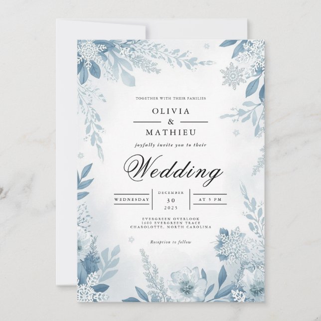 Etheral Blue Blommar Winter Wedding Inbjudningar (Framsida)