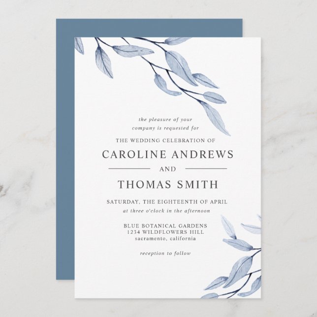 Etheral Blue | Elegant Botaniskt Löv bröllop Inbjudningar (Fram/baksida)